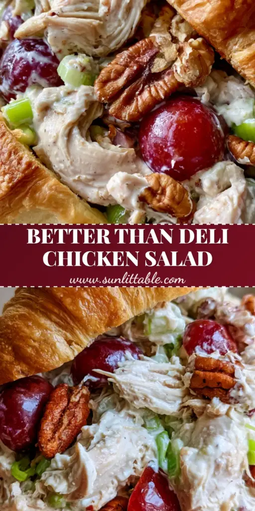 A close-up handheld view of Grape Chicken Salad overflowing from a toasted croissant, featuring red grapes and pecans.