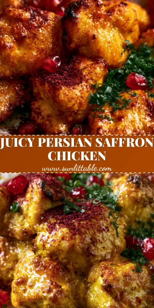 Persian Saffron Chicken: The Ultimate Golden Joojeh Kabab Recipe 4 A vertical shot of Persian Saffron Chicken kabobs with charred grill marks, sumac powder, and pomegranate seeds. (Persian Saffron Chicken)