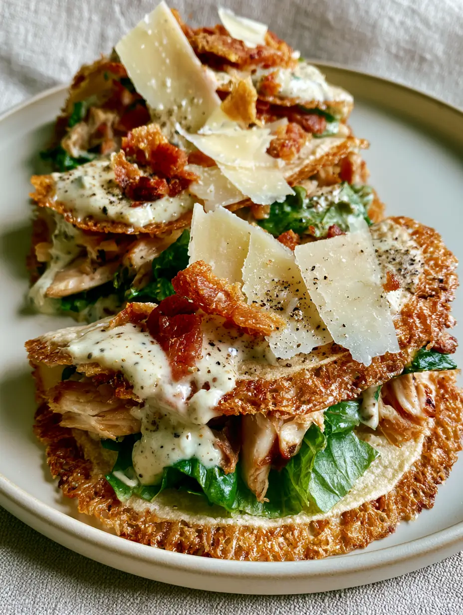 Close up of a Chicken Caesar Taco showing the thick velvet-textured dressing and crispy pancetta bits.