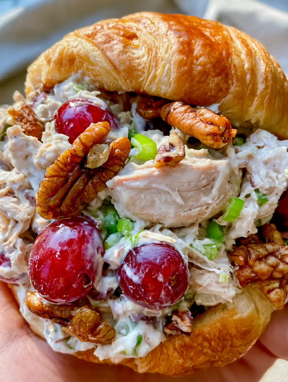 Handheld photo of Grape Chicken Salad on a buttery croissant with visible shredded chicken and glossy red grapes.