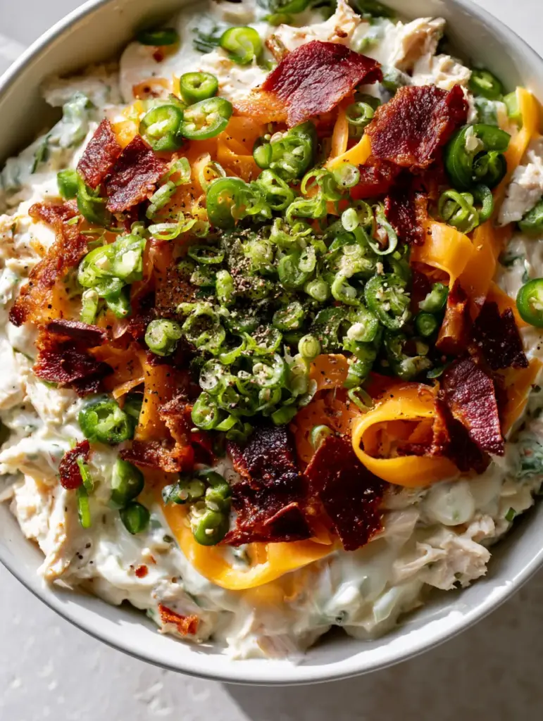 Macro overhead shot of Jalapeno Popper Chicken Salad showing chunky shredded chicken, glossy dressing, and vibrant green jalapenos with bacon shards.