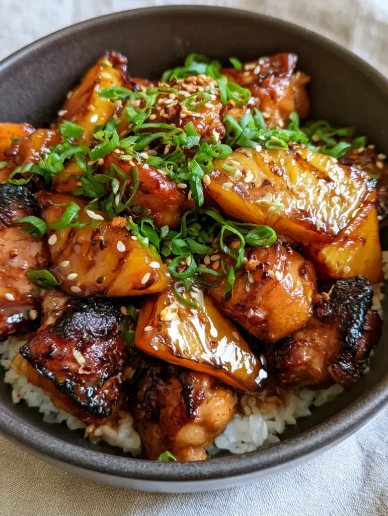Pineapple Bourbon Chicken: The Ultimate Sticky Mahogany Glaze Recipe 1 Stoneware bowl filled with pineapple bourbon chicken showing charred pineapple wedges and sesame seed garnish.