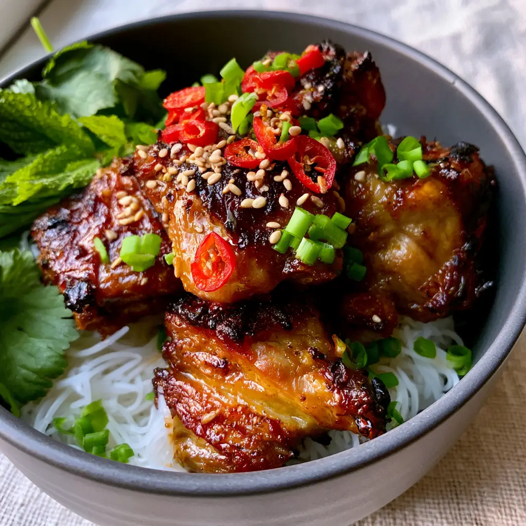 Bite-sized pieces of lemongrass chicken topped with toasted sesame seeds and bright green scallions against a soft linen background.