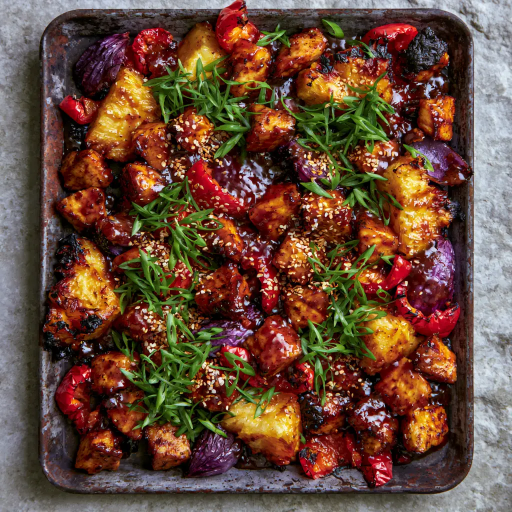 Pineapple Chicken garnished with green scallions and toasted sesame seeds on a dark rustic metal background.