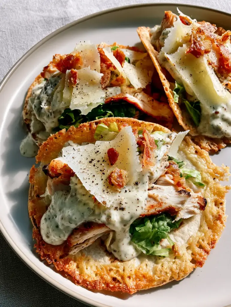 Three Chicken Caesar Tacos arranged on a minimalist matte white ceramic plate with a neutral linen background.