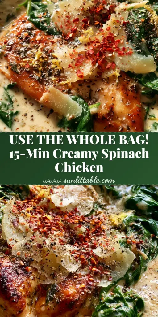 A rustic black skillet filled with golden-brown chicken and a thick ivory sauce, perfect for spinach dinner recipes.