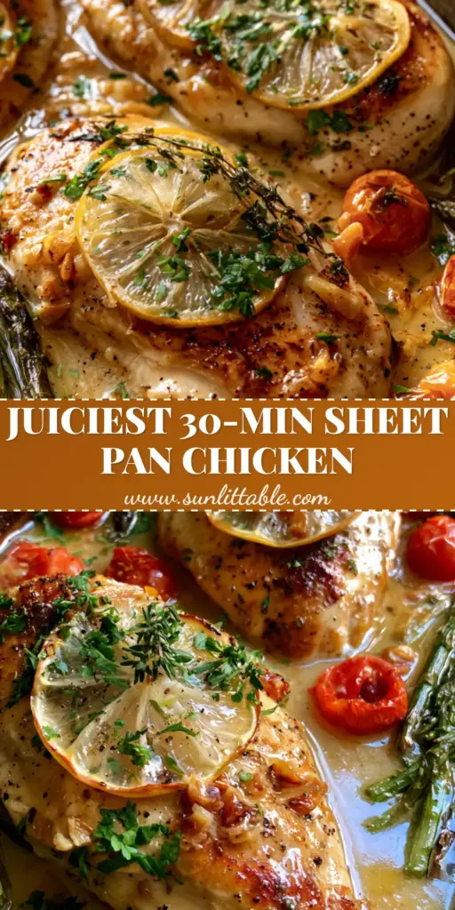 Lemon Herb Chicken with Blistered Tomatoes and Asparagus 3 A rustic sheet pan of Lemon Herb Chicken with glistening butter sauce, charred asparagus, and blistered tomatoes.