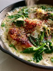 Macro shot of seared chicken in a bubbling ivory cream sauce with emerald baby spinach. (spinach dinner recipes)