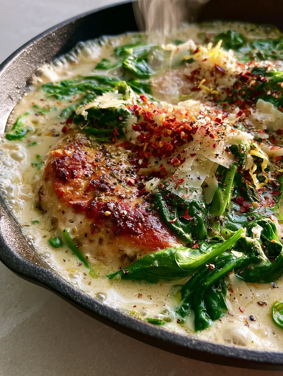 Macro shot of seared chicken in a bubbling ivory cream sauce with emerald baby spinach. (spinach dinner recipes)