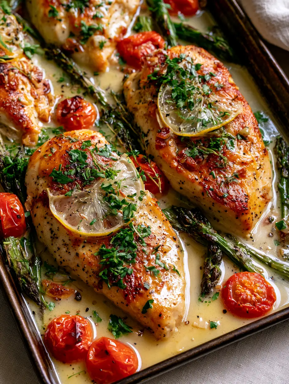 Lemon Herb Chicken with Blistered Tomatoes and Asparagus 4 Extreme detail of seared Lemon Herb Chicken skin with translucent lemon slices and fresh herbs.