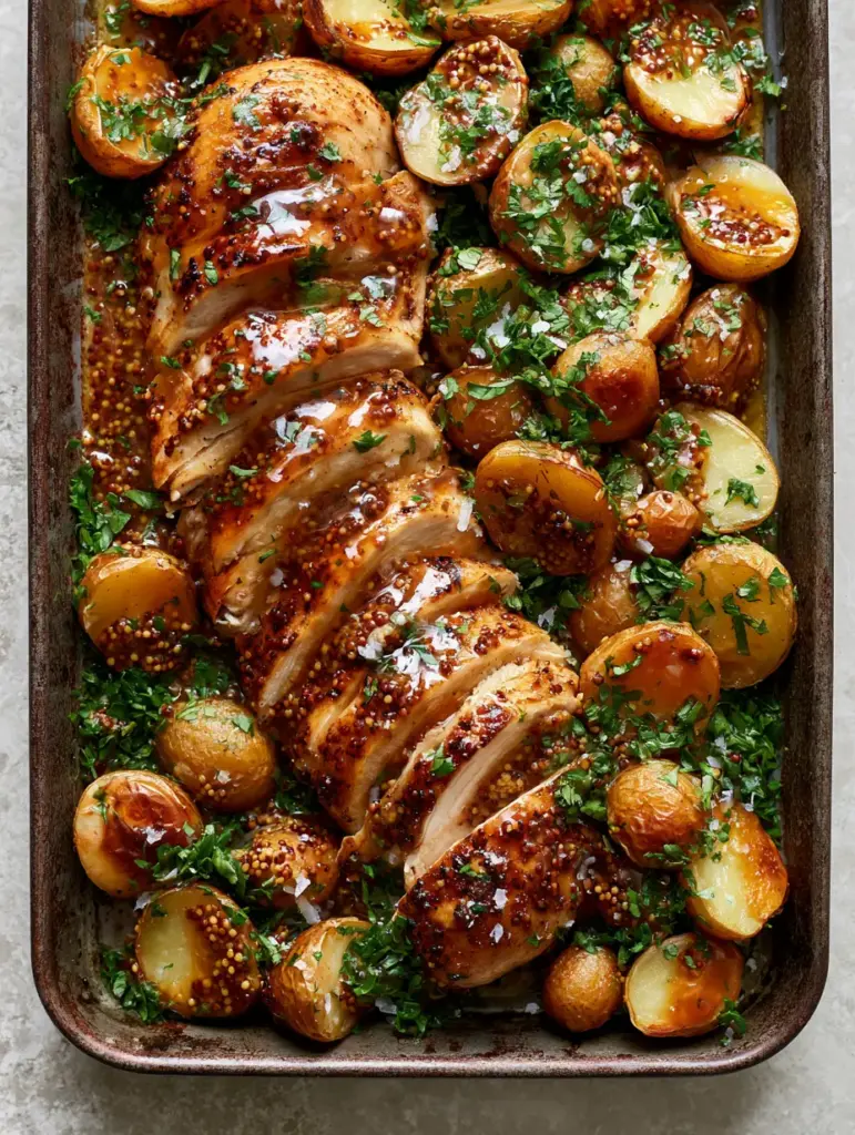 Honey Mustard Chicken and Potatoes with Crispy Charred Edges 2 Close up of succulent sliced chicken breast and charred baby potatoes with Honey Mustard Chicken and Potatoes glaze.