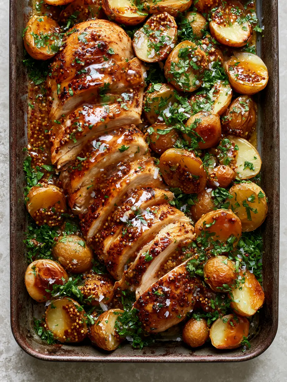 Honey Mustard Chicken and Potatoes with Crispy Charred Edges 4 Close up of succulent sliced chicken breast and charred baby potatoes with Honey Mustard Chicken and Potatoes glaze.