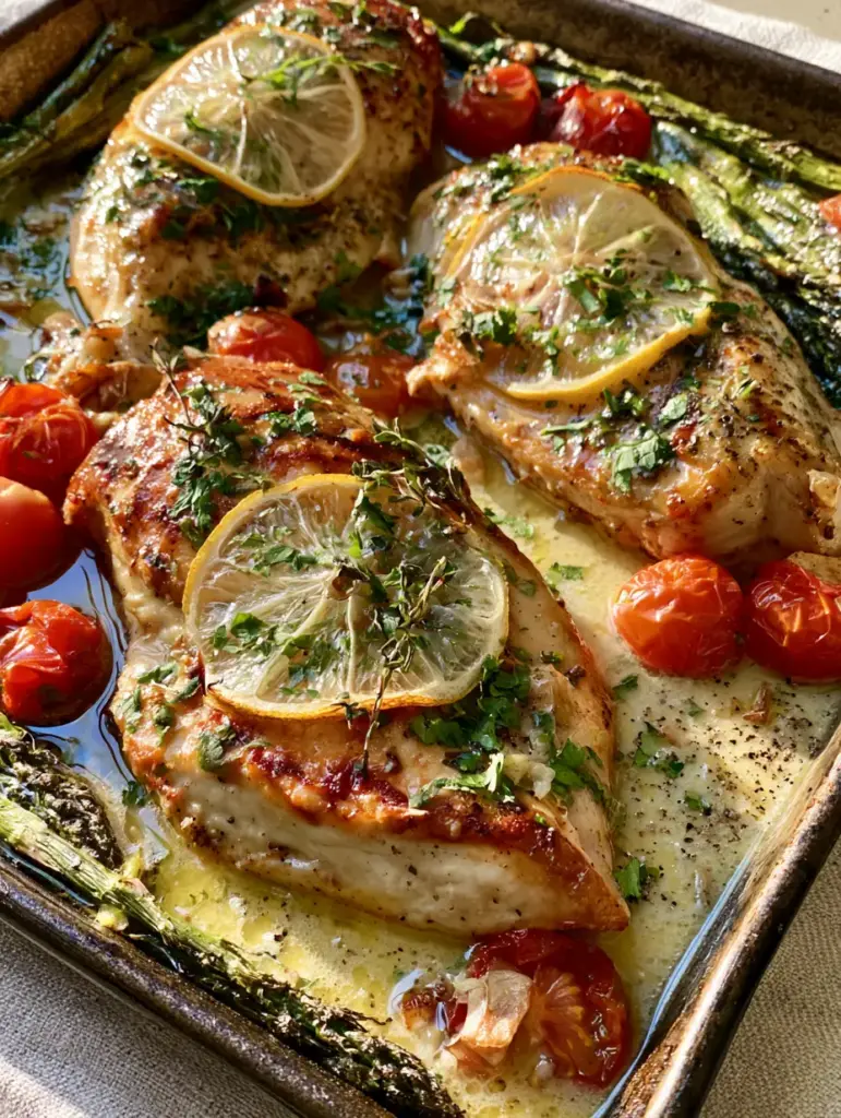 Lemon Herb Chicken with Blistered Tomatoes and Asparagus 1 Side view of rustic metal pan containing Lemon Herb Chicken, bursting cherry tomatoes, and asparagus.