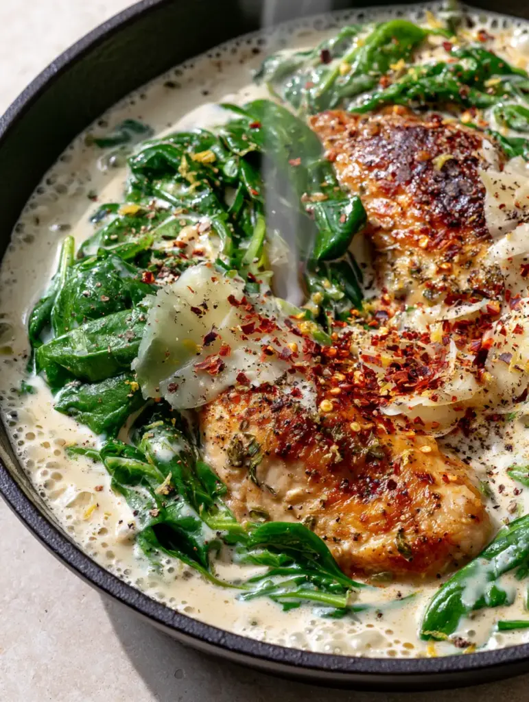 Close up of parmesan shavings and red chili flakes on a creamy spinach chicken dish.
