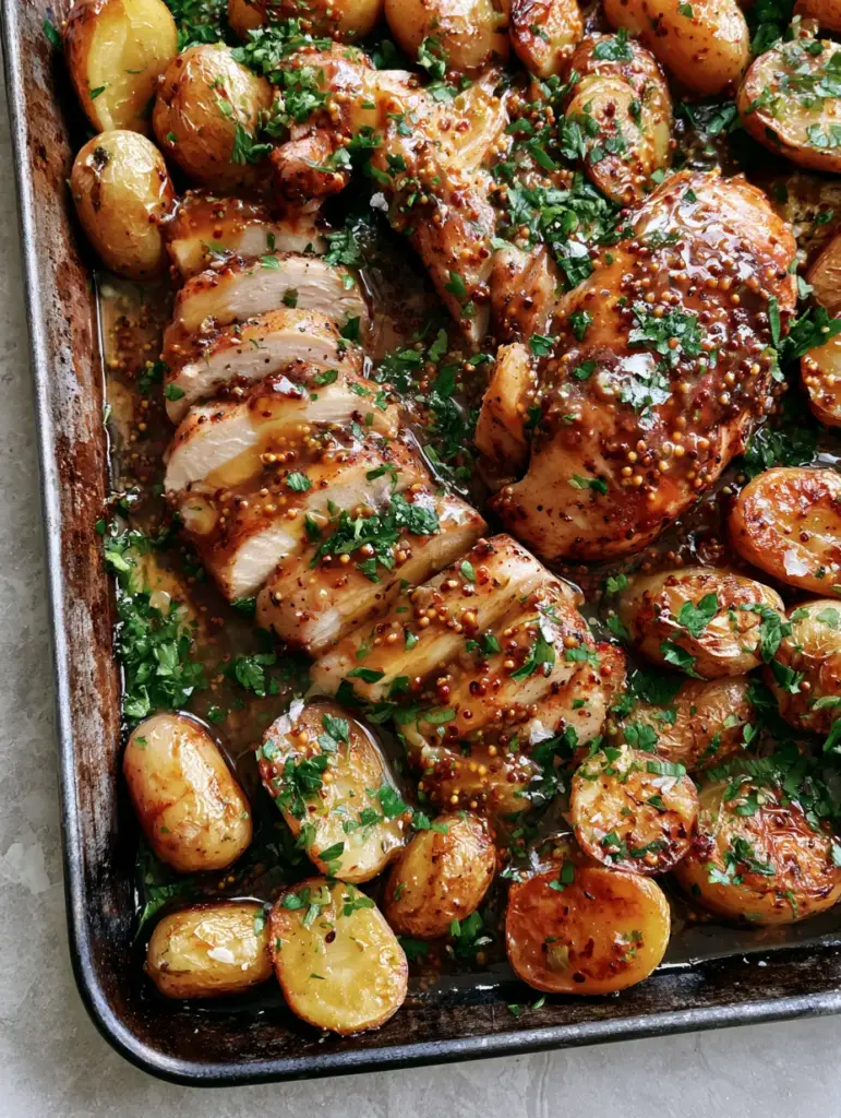 Honey Mustard Chicken and Potatoes with Crispy Charred Edges 1 Rustic dark metal sheet pan filled with Honey Mustard Chicken and Potatoes, garnished with sea salt flakes.