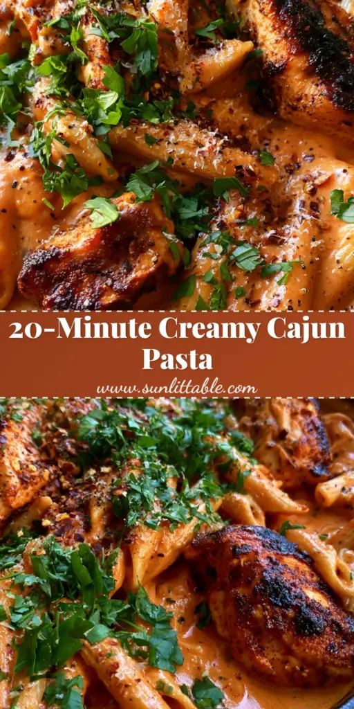 A close-up of a rustic skillet featuring seared Cajun Chicken chunks and penne pasta in a vibrant orange cream sauce.
