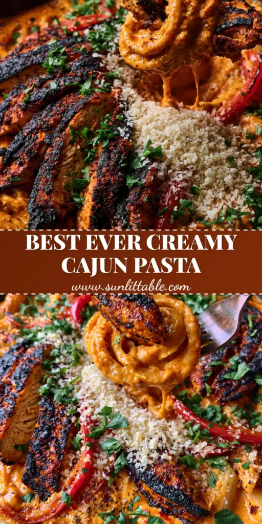 Creamy Cajun Garlic Chicken Pasta: A 30-Minute One-Skillet Masterpiece 4 A top-down close-up of Creamy Cajun Garlic Chicken Pasta in a black skillet with blackened chicken slices, orange sauce, and red peppers.