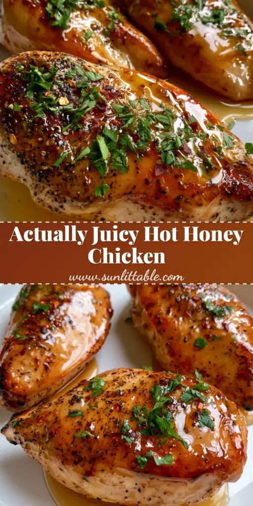 Hot Honey Baked Chicken Breasts: The Ultimate Sweet & Spicy Dinner 3 Three thick succulent hot honey baked chicken breasts on a white platter with glowing amber glaze and fresh parsley.