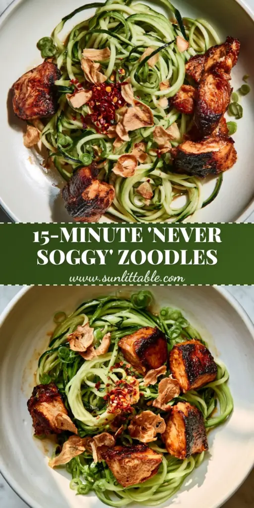 Chicken Zucchini Noodles Stir Fry with Toasted Garlic and Chili 3 A top-down view of a gourmet chicken zucchini noodles stir fry with caramelized chicken, toasted garlic chips, and chili flakes in a white bowl. (chicken zucchini noodles stir fry)