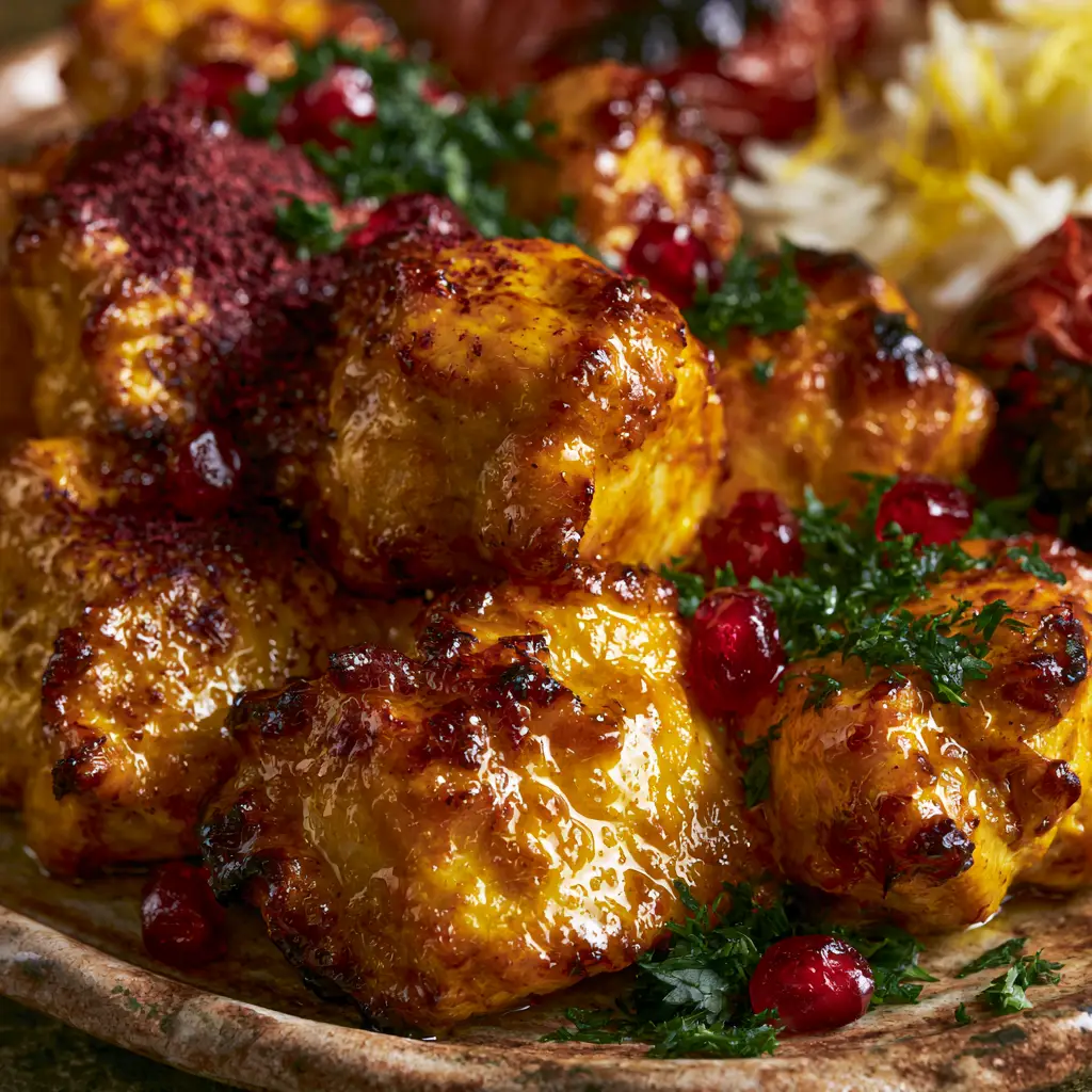 Persian Saffron Chicken: The Ultimate Golden Joojeh Kabab Recipe 2 Macro texture of juicy Persian Saffron Chicken chunks with vibrant golden-orange staining and char marks. (Persian Saffron Chicken)
