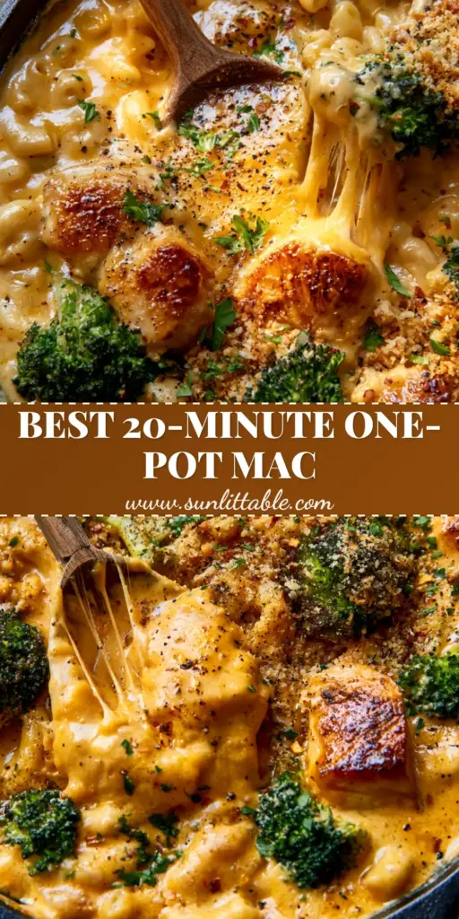 Broccoli Chicken Mac & Cheese: The Ultimate Creamy Skillet Dinner 3 A top-down shot of a black skillet filled with Broccoli Chicken Mac & Cheese, featuring a long cheese pull from a wooden spoon.