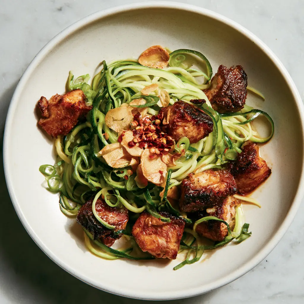 Chicken Zucchini Noodles Stir Fry with Toasted Garlic and Chili 2 Extreme close-up of seared chicken pieces and vibrant green zucchini ribbons. (chicken zucchini noodles stir fry)