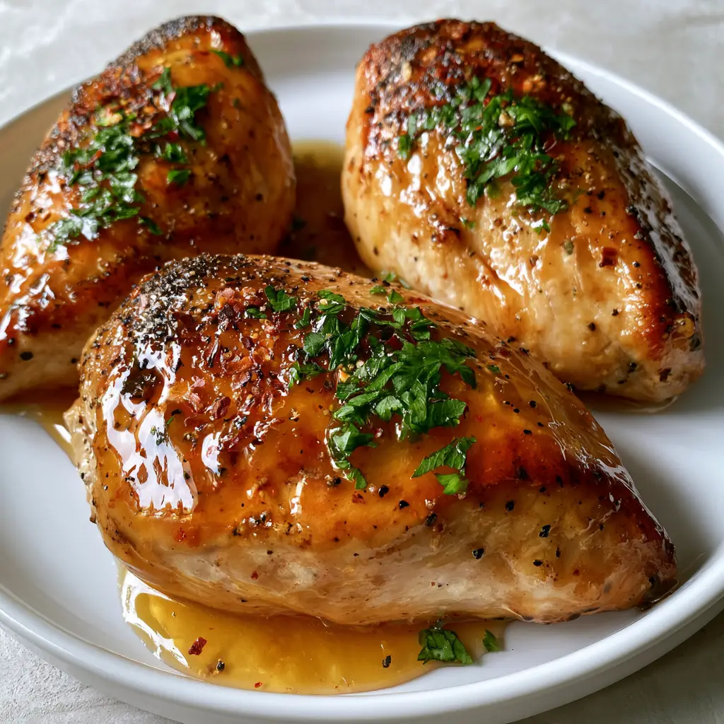 Hot Honey Baked Chicken Breasts: The Ultimate Sweet & Spicy Dinner 2 Close-up of golden brown seared hot honey baked chicken breasts with cracked pepper and chili flakes.