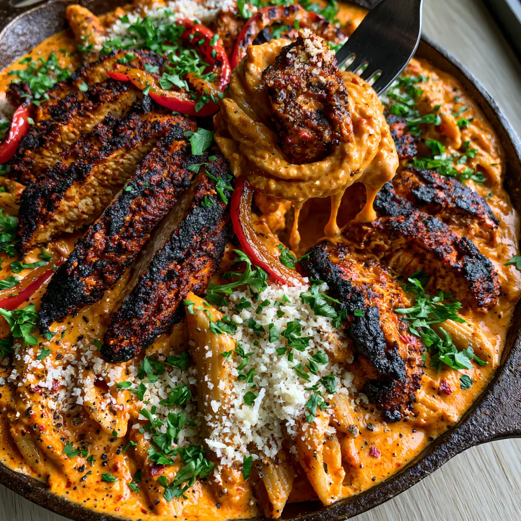 Creamy Cajun Garlic Chicken Pasta: A 30-Minute One-Skillet Masterpiece 2 Close-up of penne drenched in a thick orange-red garlic cream sauce for Creamy Cajun Garlic Chicken Pasta.