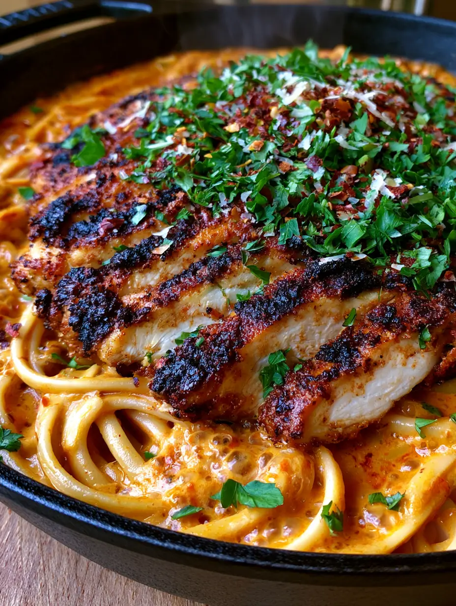 Cajun Chicken Linguine with Blackened Spice Rub and Creamy Sauce 3 Macro close-up of Cajun Chicken Linguine showing the glistening orange sauce and charred chicken spices.