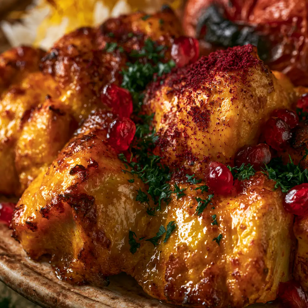Persian Saffron Chicken: The Ultimate Golden Joojeh Kabab Recipe 1 Juicy grilled chicken chunks piled high on a plate with blistered tomatoes and fresh herbs.