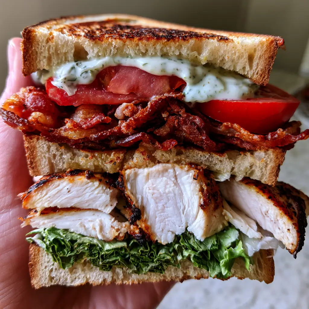 Macro cross-section view of a chicken club sandwich showing layers of sourdough, seared chicken, and ranch sauce. (chicken club sandwich)