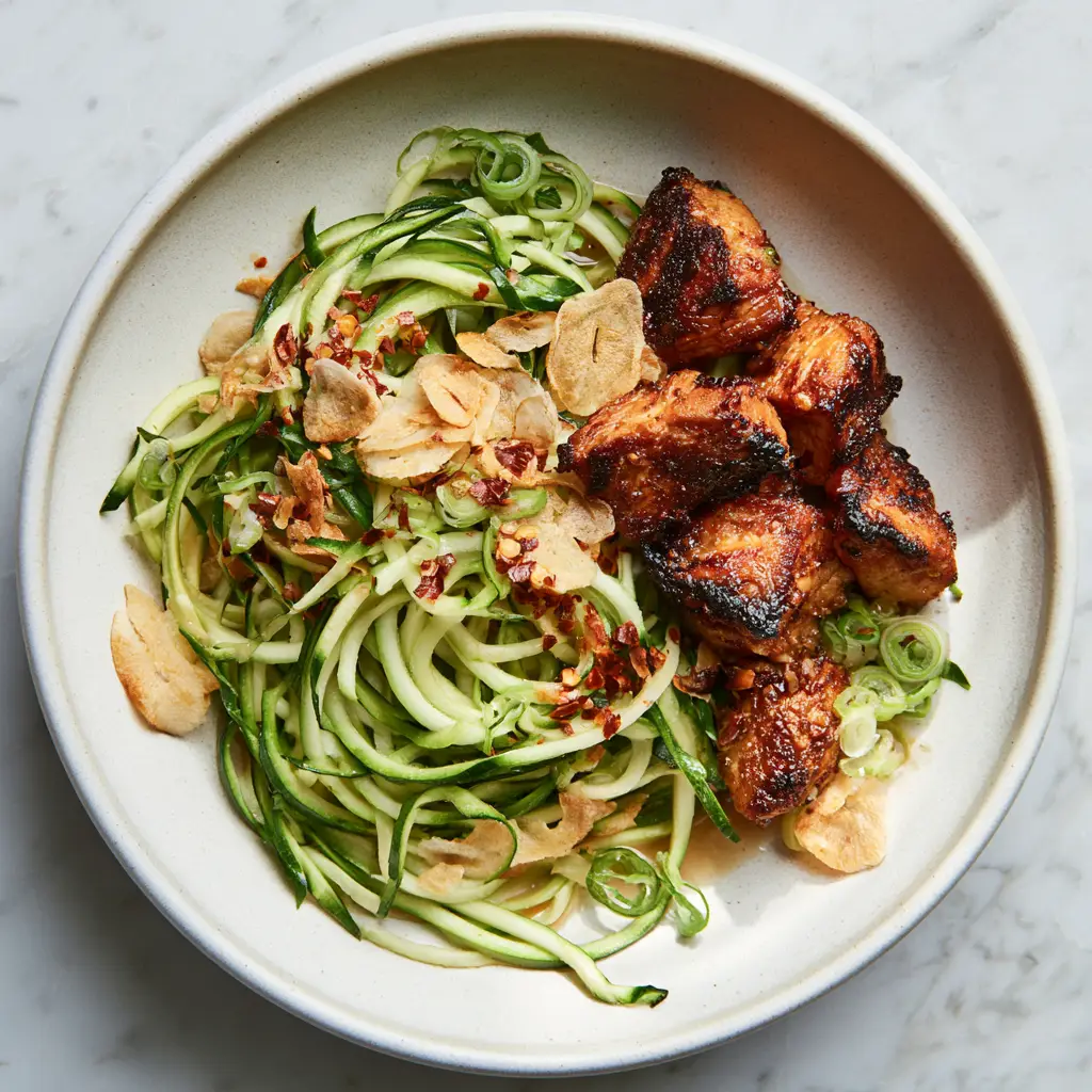 Chicken Zucchini Noodles Stir Fry with Toasted Garlic and Chili 1 Top-down view of garlic chicken zoodles with scallion curls and sesame seeds on a marble surface.