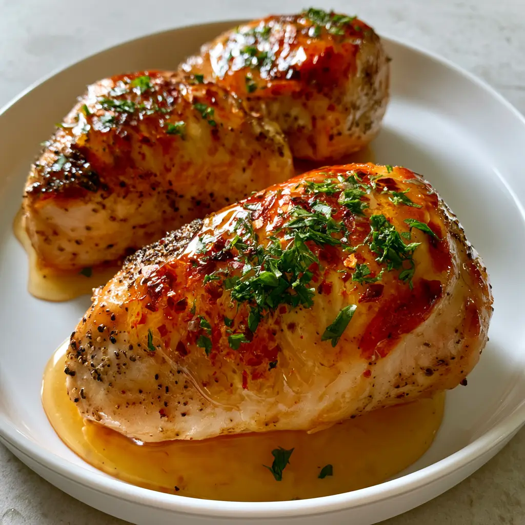 Hot Honey Baked Chicken Breasts: The Ultimate Sweet & Spicy Dinner 1 Overhead view of hot honey baked chicken breasts showing the pooling amber reduction and fresh herbs.