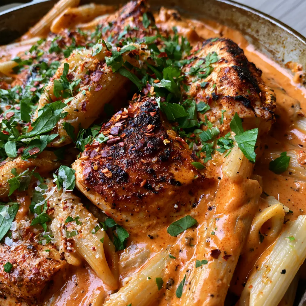 Close up of thick orange-hued cream sauce coating penne pasta and Cajun Chicken.