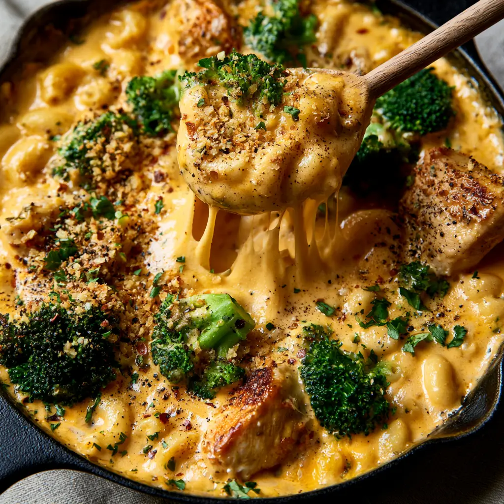Broccoli Chicken Mac & Cheese: The Ultimate Creamy Skillet Dinner 2 Close-up of golden seared chicken and vibrant broccoli submerged in bubbling Broccoli Chicken Mac & Cheese sauce.