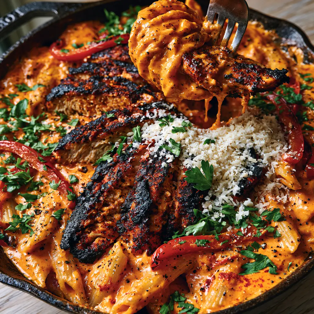 Creamy Cajun Garlic Chicken Pasta: A 30-Minute One-Skillet Masterpiece 1 A fork lifting a swirl of Creamy Cajun Garlic Chicken Pasta showing the thick sauce and blackened chicken.