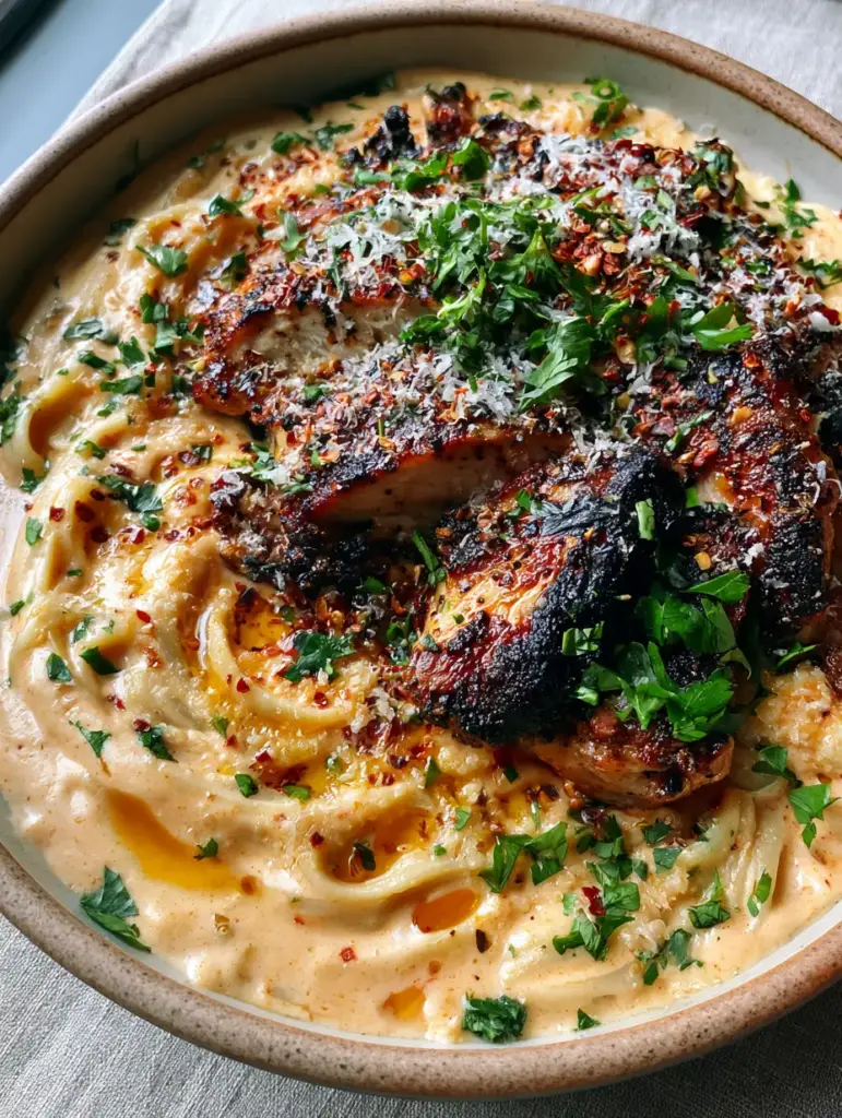 Cajun Chicken Linguine with Blackened Spice Rub and Creamy Sauce 1 Diagonal slices of blackened chicken breast topped with parsley and parmesan on a bed of Cajun Chicken Linguine.