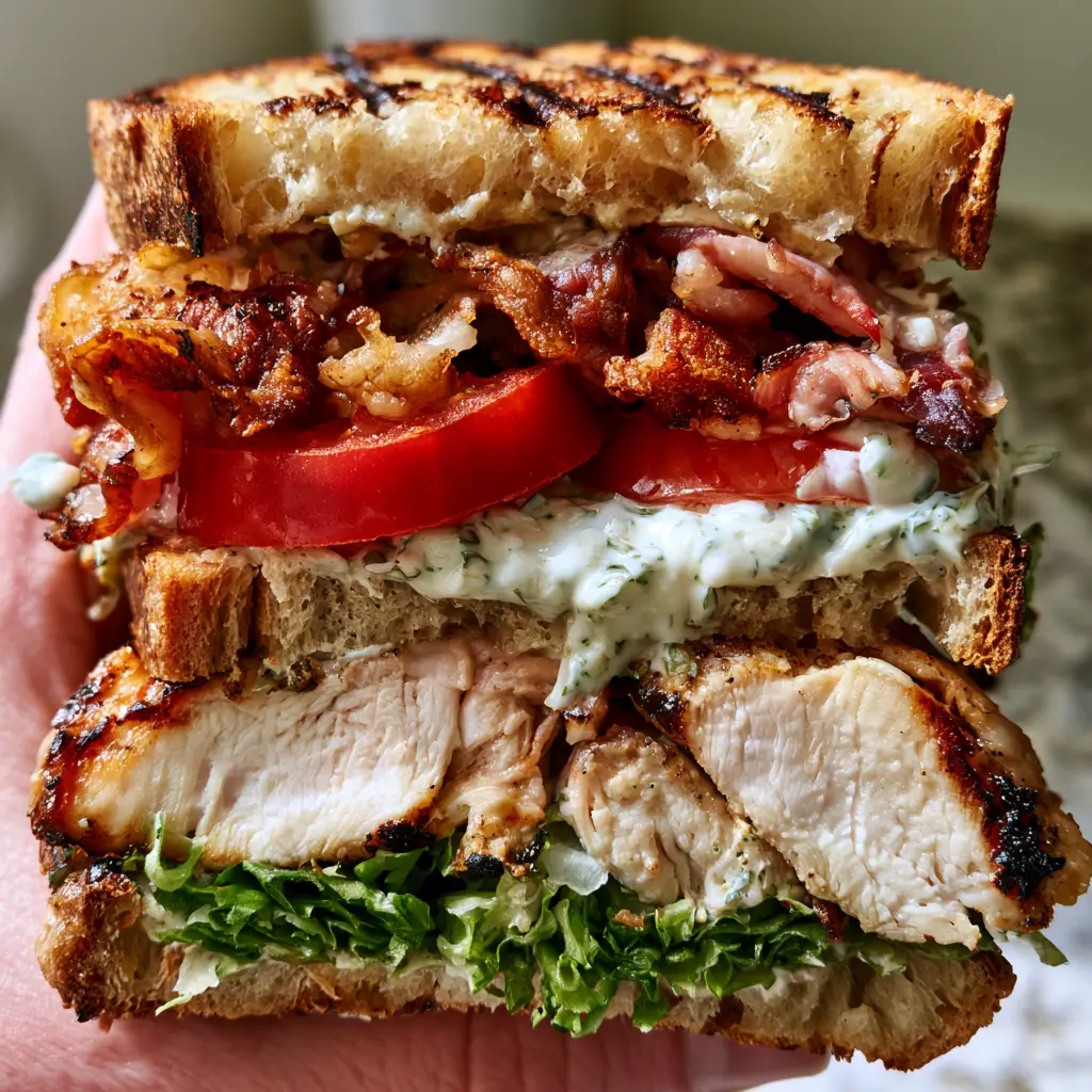 Chicken Club Sandwich: The Ultimate Triple-Decker Gourmet Guide 1 Close up of seared chicken breast and heirloom tomatoes inside a gourmet chicken club sandwich.