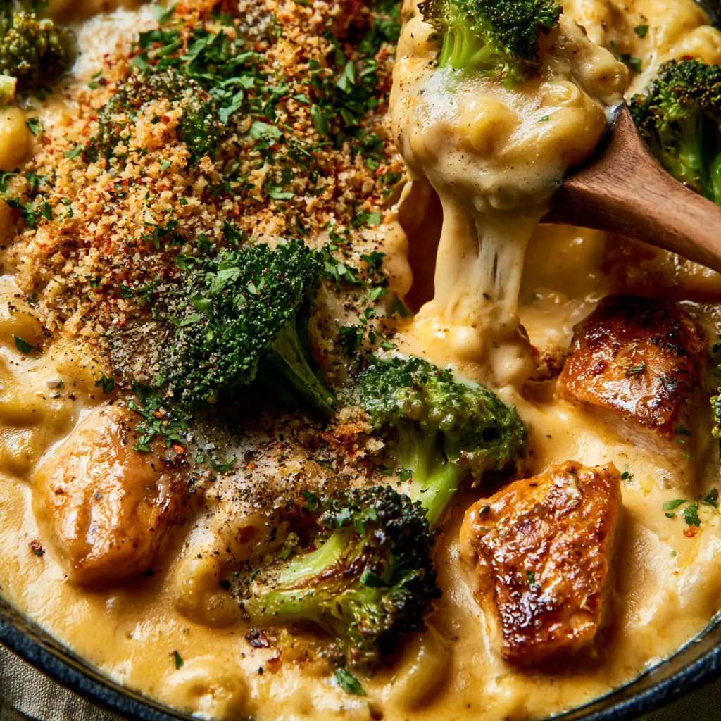 Broccoli Chicken Mac & Cheese: The Ultimate Creamy Skillet Dinner 1 Broccoli Chicken Mac & Cheese topped with toasted panko breadcrumbs and red chili flakes in a cast iron skillet.