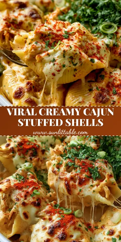 Creamy Cajun Chicken Stuffed Shells with Toasted Parmesan Crust 4 A 45-degree angle close-up of Creamy Cajun Chicken Stuffed Shells in a white dish featuring melted mozzarella and a toasted parmesan crust with a cheese pull.