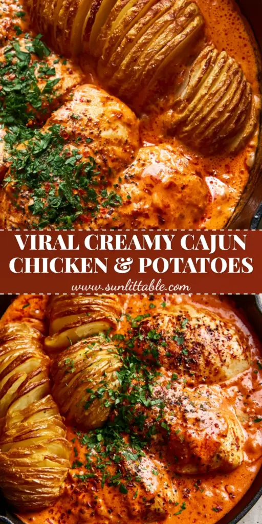 Creamy Cajun Chicken with Hasselback Potatoes: The Ultimate One-Pan Comfort Feast 4 A top-down view of a cast iron skillet containing Creamy Cajun Chicken with Hasselback Potatoes, garnished with parsley and red pepper flakes.