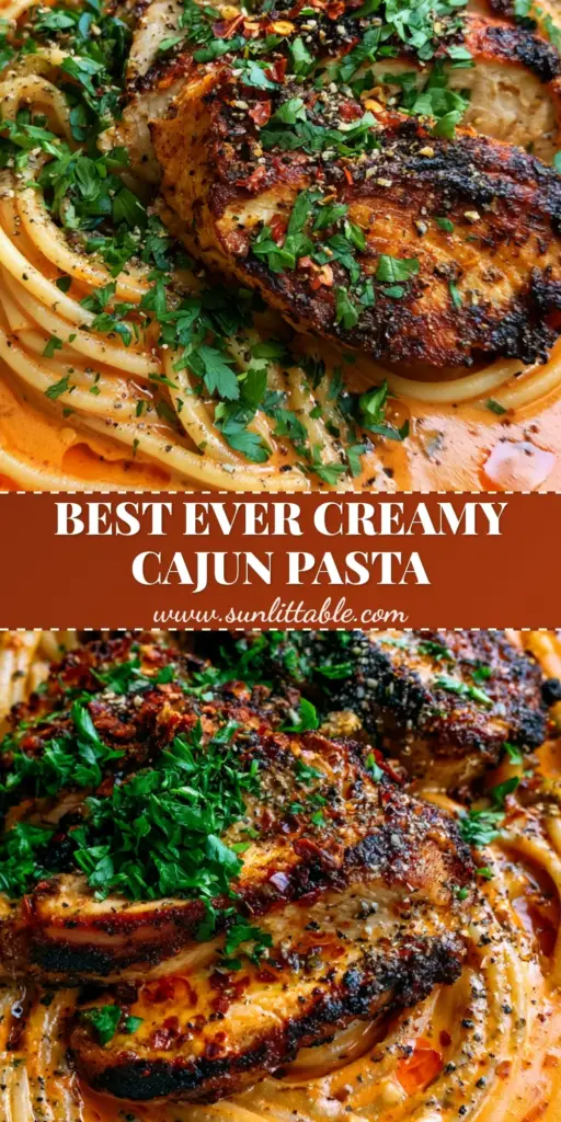 Cajun Chicken Spaghetti with a Creamy Orange-Red Sauce 3 A shallow ceramic bowl of Cajun Chicken Spaghetti featuring long al dente strands in a vibrant orange-red cream sauce topped with seared chicken, fresh parsley, and red pepper flakes.