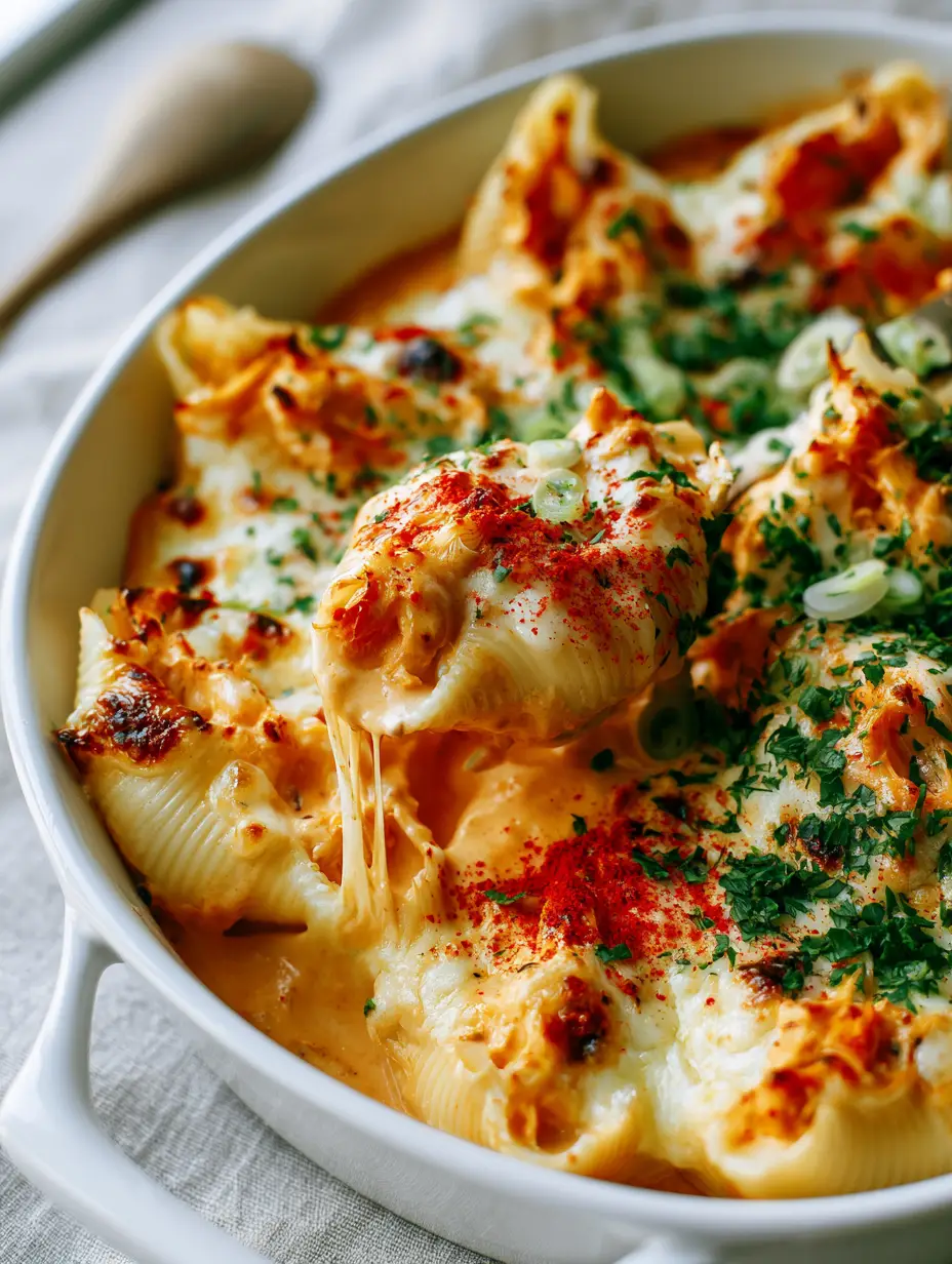 Creamy Cajun Chicken Stuffed Shells with Toasted Parmesan Crust 3 Close-up of jumbo pasta shells overflowing with Cajun cream sauce and chicken, garnished with parsley and green onions.