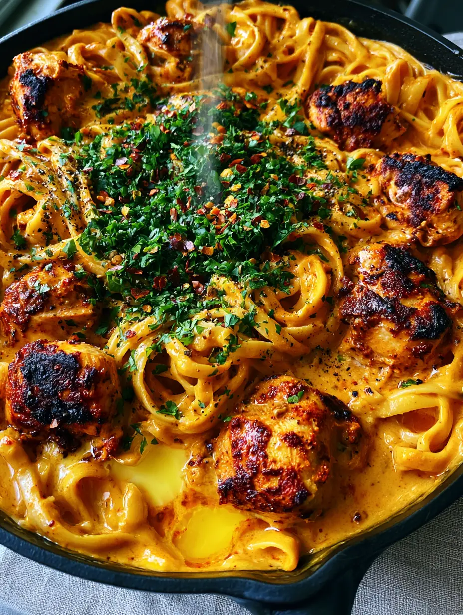 Cajun Garlic Chicken Pasta with Creamy Garlic Butter Sauce 4 Close-up of seared Cajun chicken chunks and fettuccine in a glossy orange-gold cream sauce. (Cajun garlic chicken pasta)
