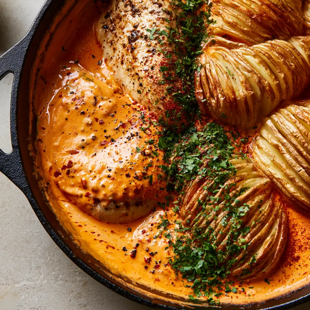 Creamy Cajun Chicken with Hasselback Potatoes: The Ultimate One-Pan Comfort Feast 2 Macro shot of seared chicken medallions in a vibrant orange-red Cajun cream sauce. (Creamy Cajun Chicken with Hasselback Potatoes)