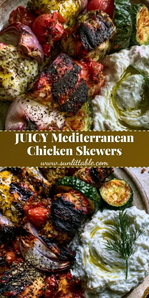 Three glistening Grilled Chicken Kabobs on a rustic ceramic plate with blistered tomatoes, charred onions, and a side of creamy tzatziki sauce garnished with dill.