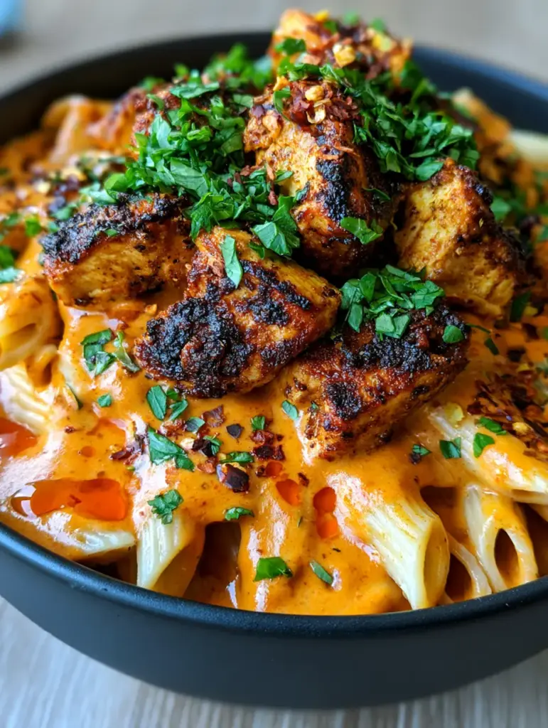 Extreme close-up of Cajun Chicken Pasta with penne, orange-red sauce, and blackened chicken chunks.