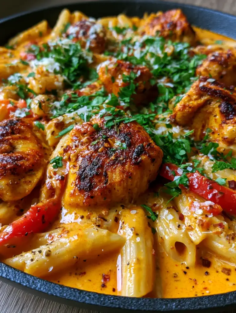Easy Cajun Chicken Pasta with a Creamy Orange Sauce 2 Juicy chunks of Cajun-spiced chicken and al dente penne in a thick orange sauce. (Easy Cajun Chicken Pasta)