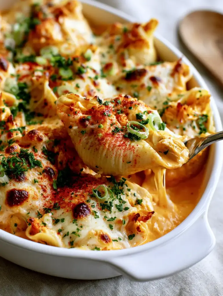 Creamy Cajun Chicken Stuffed Shells with Toasted Parmesan Crust 1 A high-angle smartphone-style photo of Creamy Cajun Chicken Stuffed Shells with a toasted parmesan crust in a white ceramic dish.
