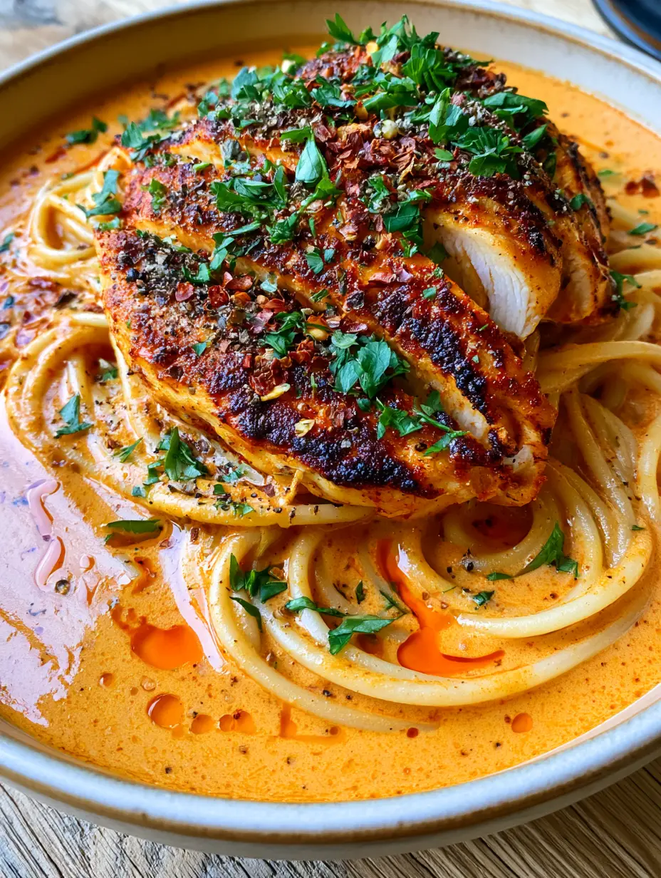 Cajun Chicken Spaghetti with a Creamy Orange-Red Sauce 4 Extreme close-up macro shot of Cajun Chicken Spaghetti showing the glossy sauce texture and orange-tinted oil droplets. (Cajun Chicken Spaghetti)